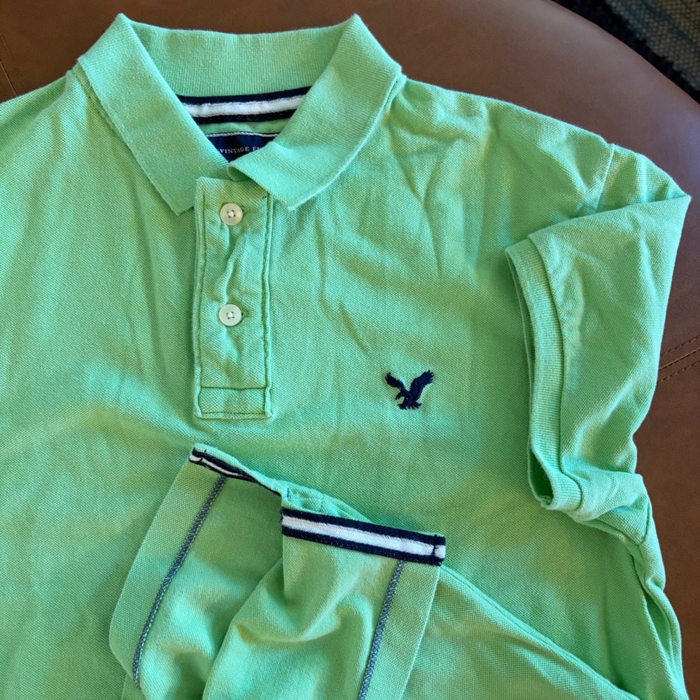 American Eagle Polo Shirt Mens Large Vintage Fit Lime Green Tipped Trim EUC